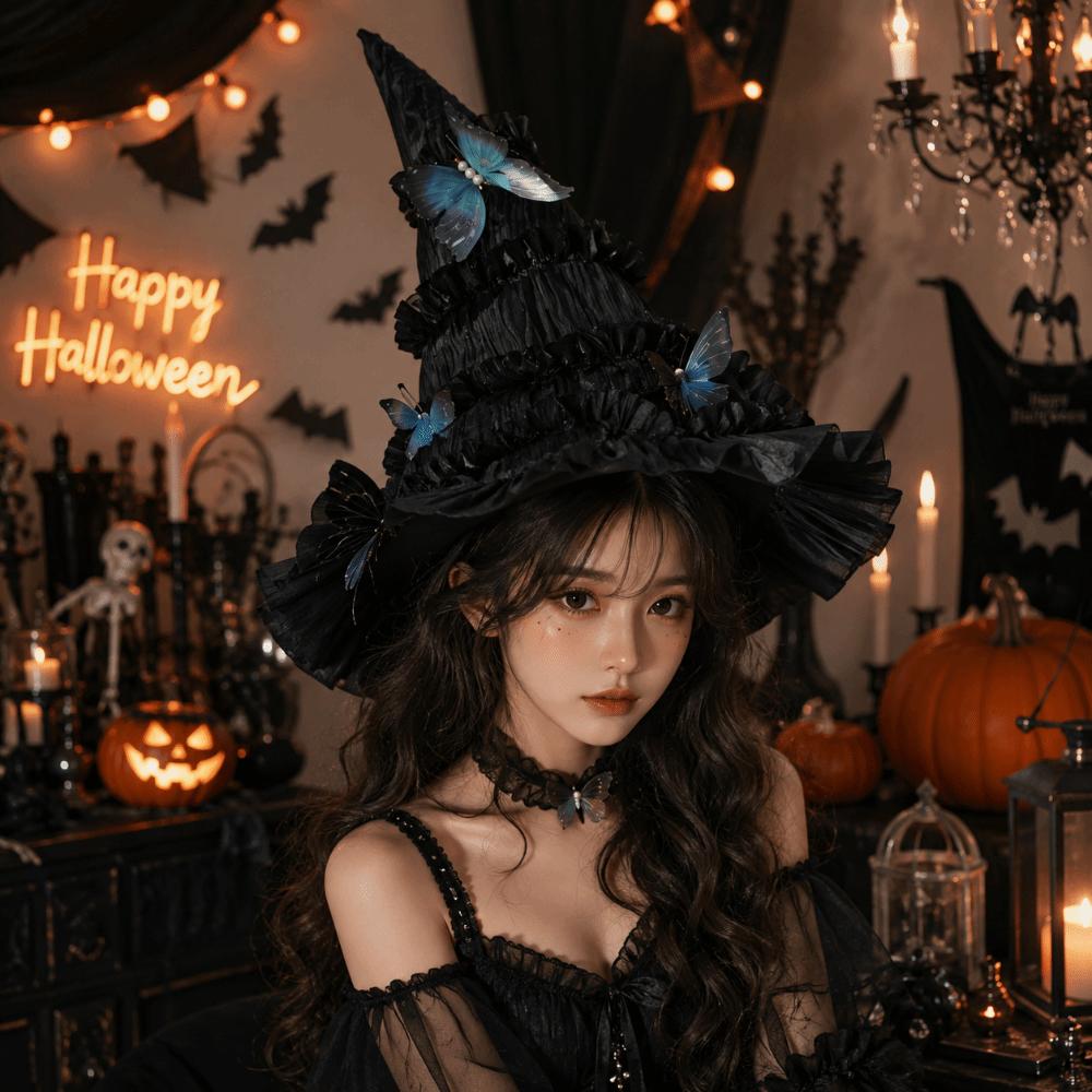 Gothic Lolita Witch Hat Tall Pointed Cone Top Women's Wizard Cap Halloween Hat Masquerade Ball