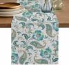 Summer Teal Paisley Floral Linen Table Runner Party Decor Boho Ethnic Tribe Table Runner for Kitchen Dining Wedding Party Decor