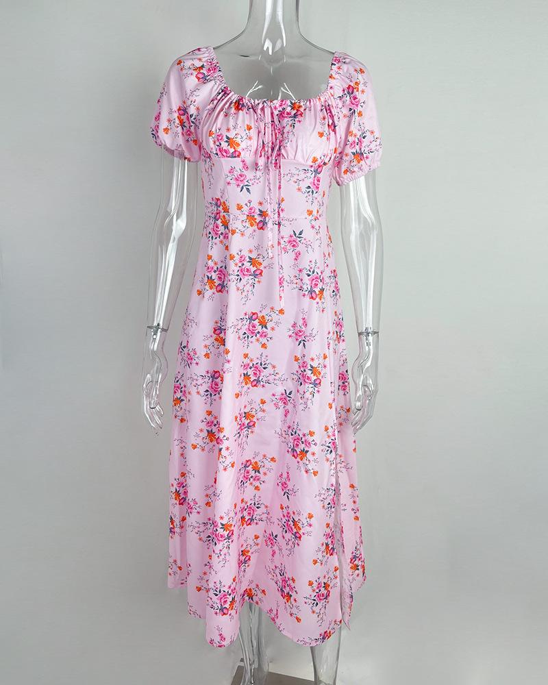 2026 Spring Women's Elegant Floral Slit Lace-up Dress - European & American Style