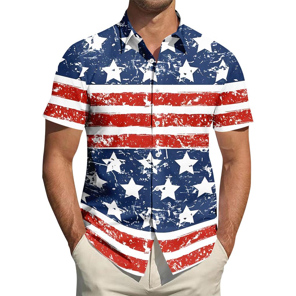 Men's Independence Day Printed Collared Top Men's Casual Sports Short-Sleeve Shirt