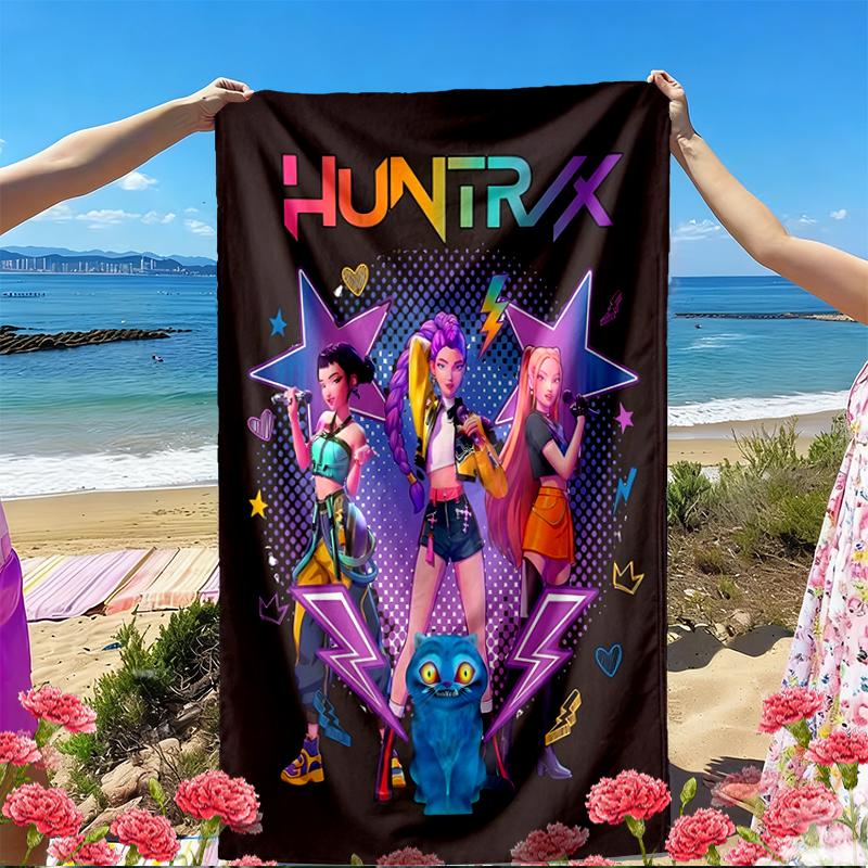 KPop Demon Hunters Print Beach Towel, Versatile Lightweight Absorbent Beach Towel for Pool Surf Yoga Bathroom, Perfect Birthday Holiday Gift