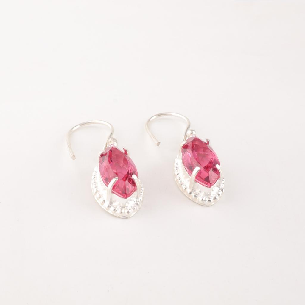 Natural Pink Tourmaline Gemstone 925 Sterling Silver Handmade Earrings 1.4" EE-169-9