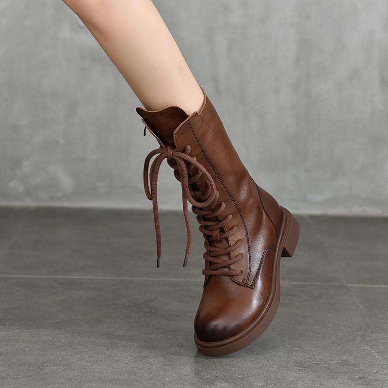 Johnature Genuine Leather Mid-calf Boots Plush Cotton Boots British Style Lace Up Women's Boots