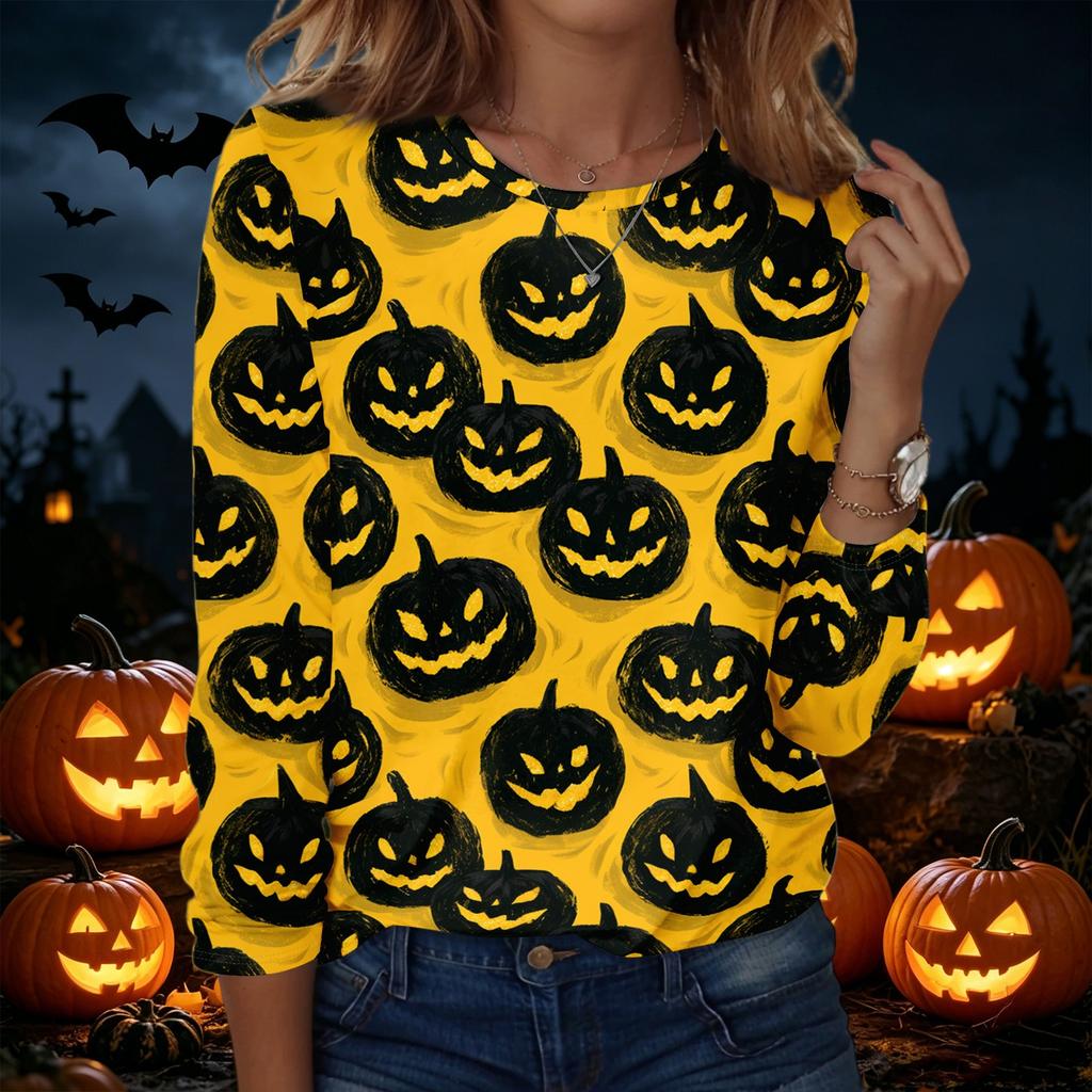 Women's Fashion Casual Long Sleeve Halloween Print Pullover Sweatshirt Crew Neck Top Comfortable Fit Seasonal Style