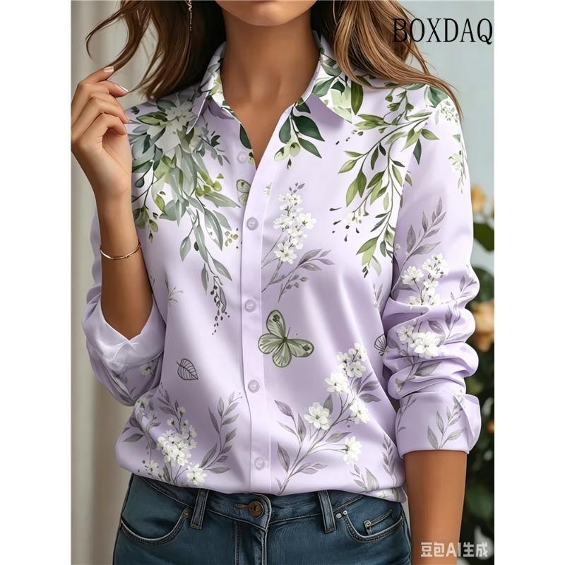 2026 Women's Long Sleeve Blouse Autumn Fashion Butterfly Plants Flowers 3D Printed Shirts Casual Elegant Daily Lapel Blouse Tops