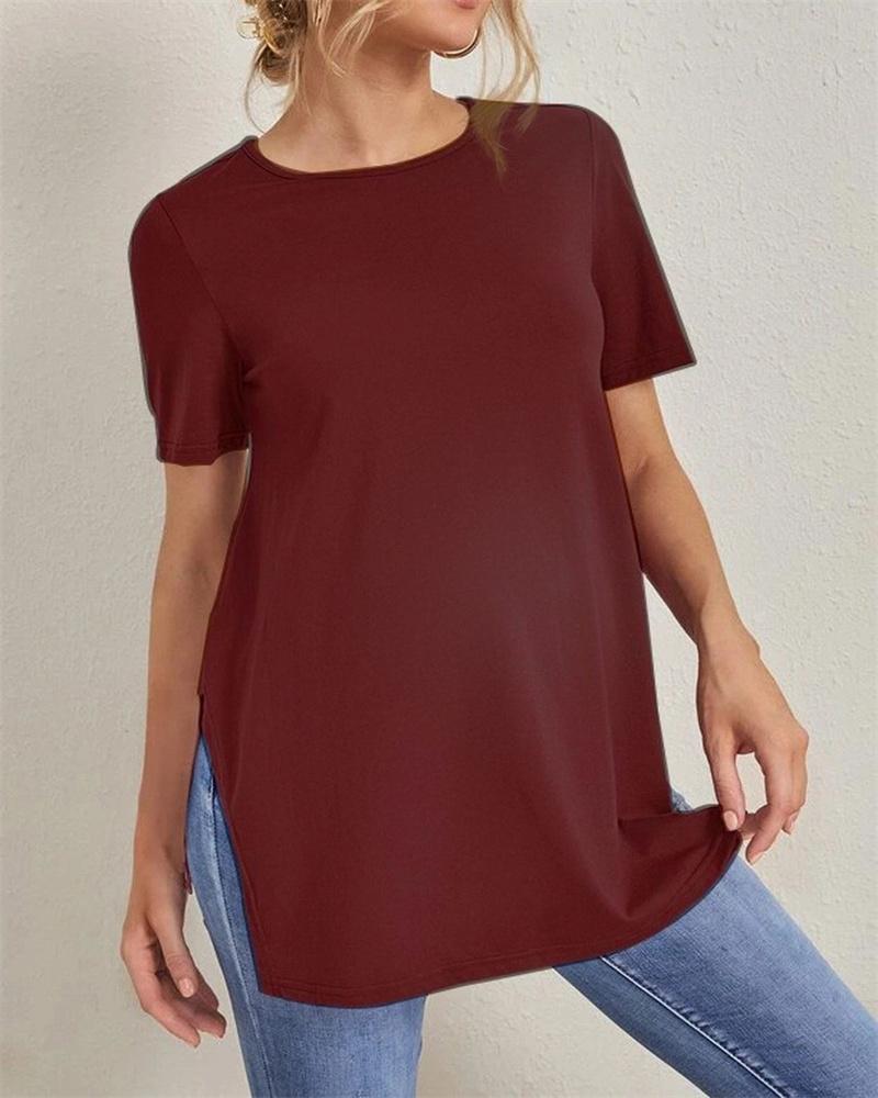 Nové těhotenské ležérní jednobarevné topy Sto kulatý výstřih s rozparkem Těhotenské oblečení topy s krátkým rukávem