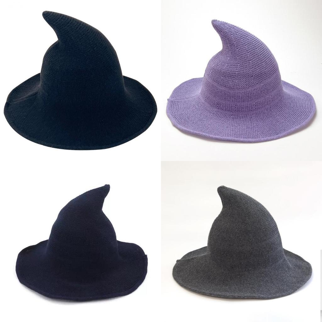 Black Knit Witch Hat With Large Brim And Sunshade Function For Cosplay And Seasonal Celebrations