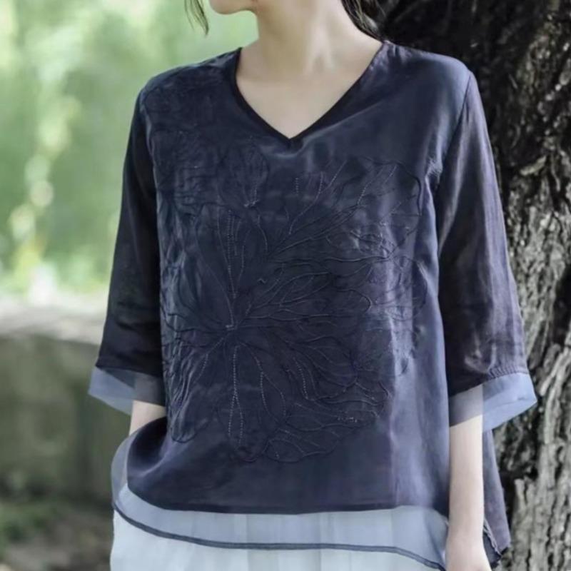 Koreańska Elegancka Letnia Damska Gładka Dekolt V Haftowana Muślinowa Modna Do Pracy Wszechstronna Rękaw Trzy Czwarte Luźna Szyfonowa Koszula Bluzki