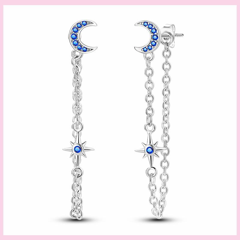 Shining Blue Zircon Owl Earrings 925 Silver Evil Eyes Earrings for Women Wedding Engagement Planet Moon Star Zirconia Jewelry