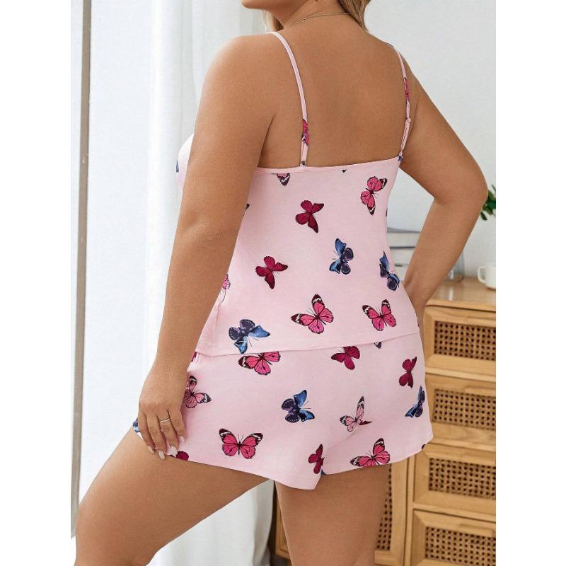 Summer Slim Butterfly Print Camisole Shorts Pajama Suit Plus Size Homewear