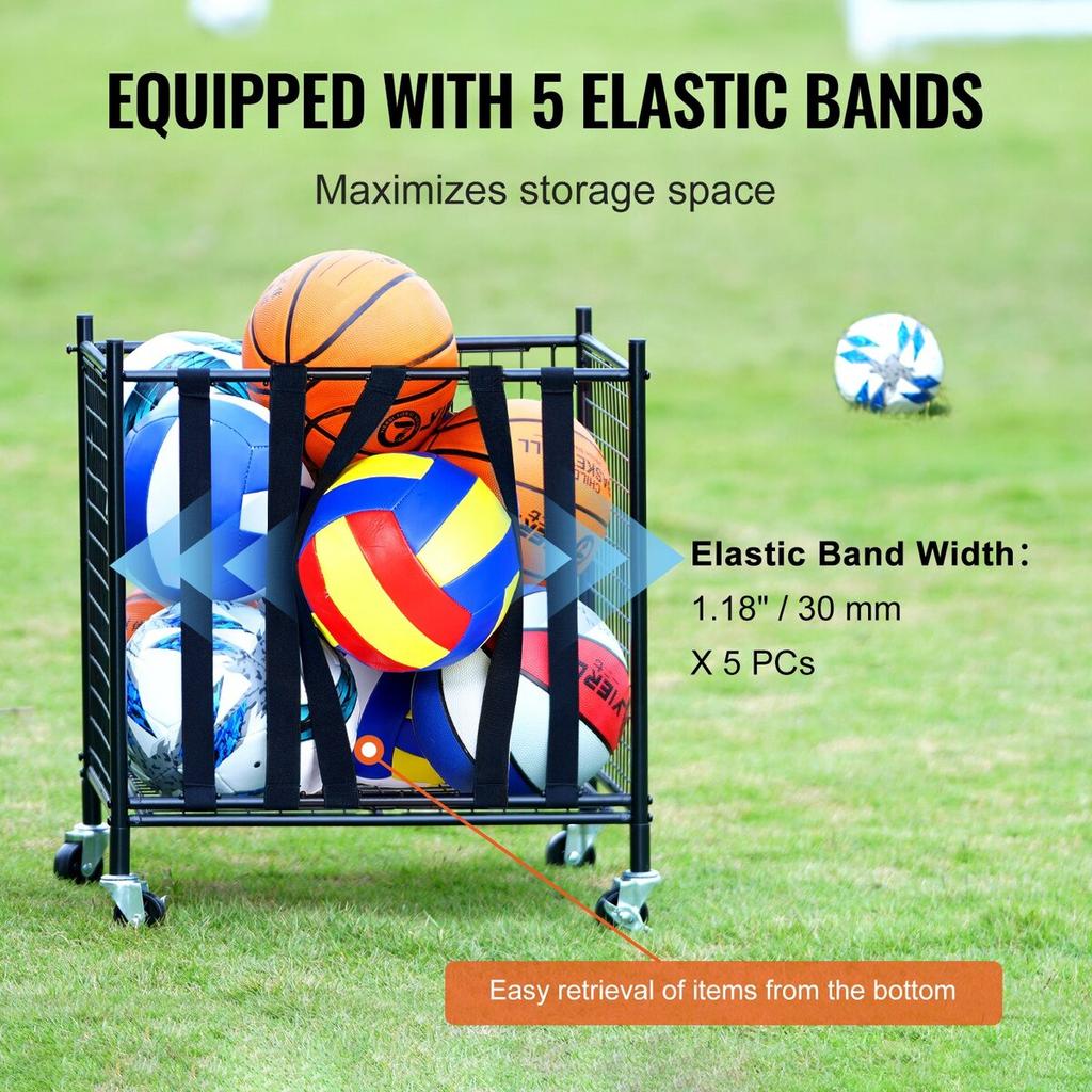 Carrello Porta Palloni Sportivi Rotante, Gabbia per Basket Chiusura a Chiave con Elastici, Organizzatore Porta Attrezzature Sportive per Interni Esterni, Stoccaggio in Acciaio