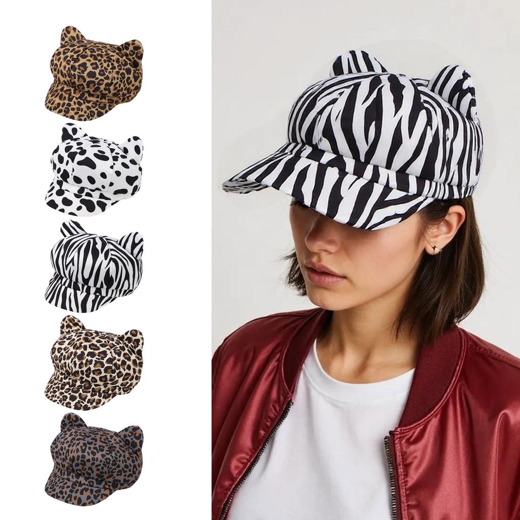 Animal Print Beret Hat for Female Fashion Painter Hat with Cats Ear Teens Girl Cabbie Caps Photography Props Headpiece