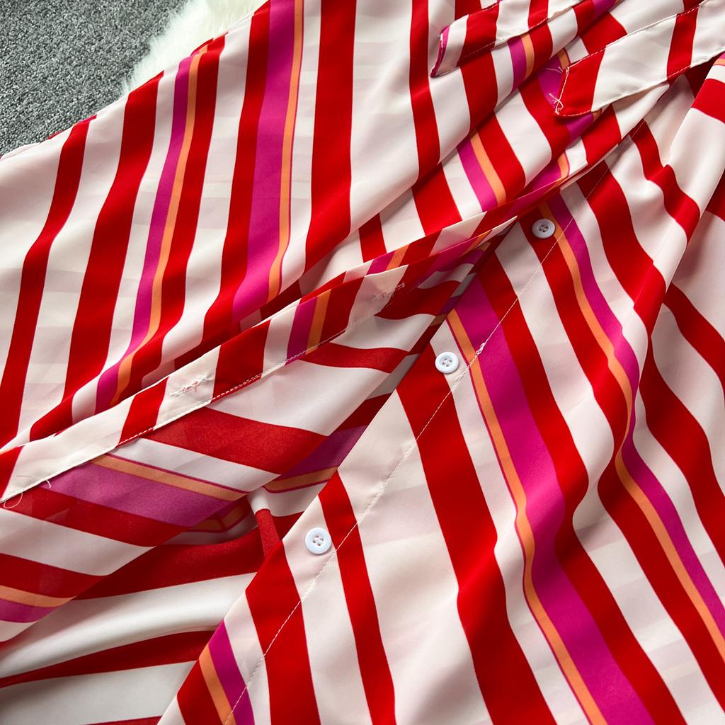 Women's Summer Waisted Tied Single Breasted Striped Shirt Long Dresses