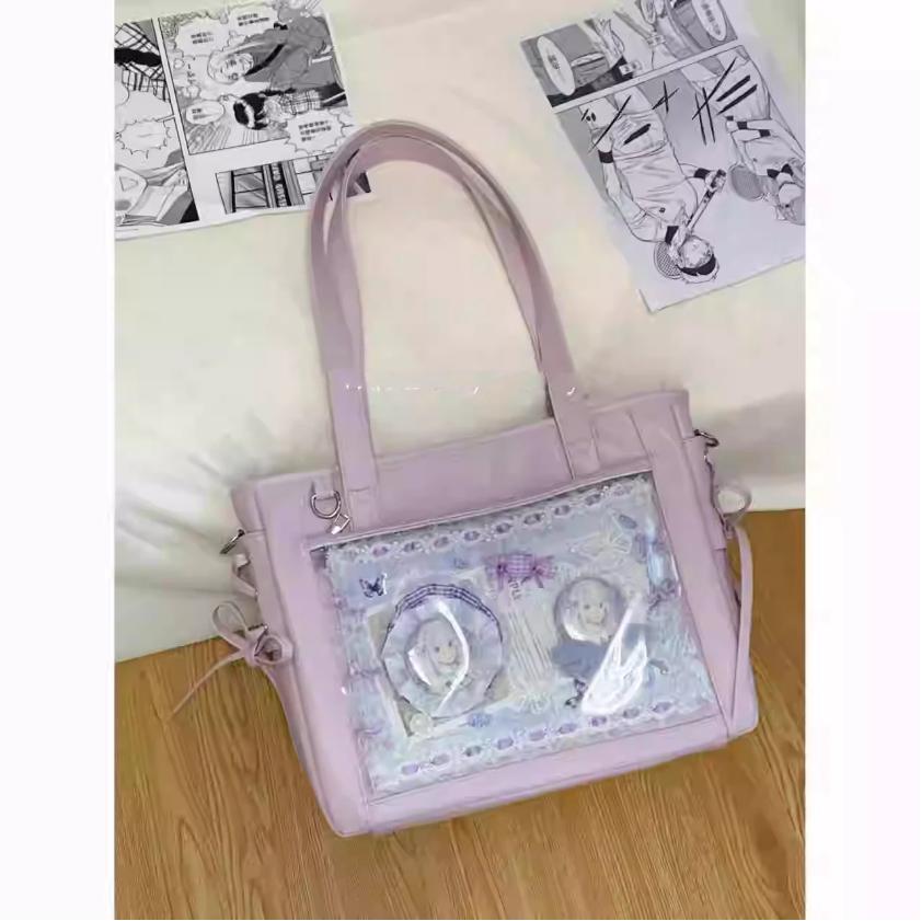 JIAERDI Harajuku Sweet Cute Bow Tote Bag Women Square Large Capacity Transparent Shoulder Bag Ladies Everyday Anime Ita Bag 2025