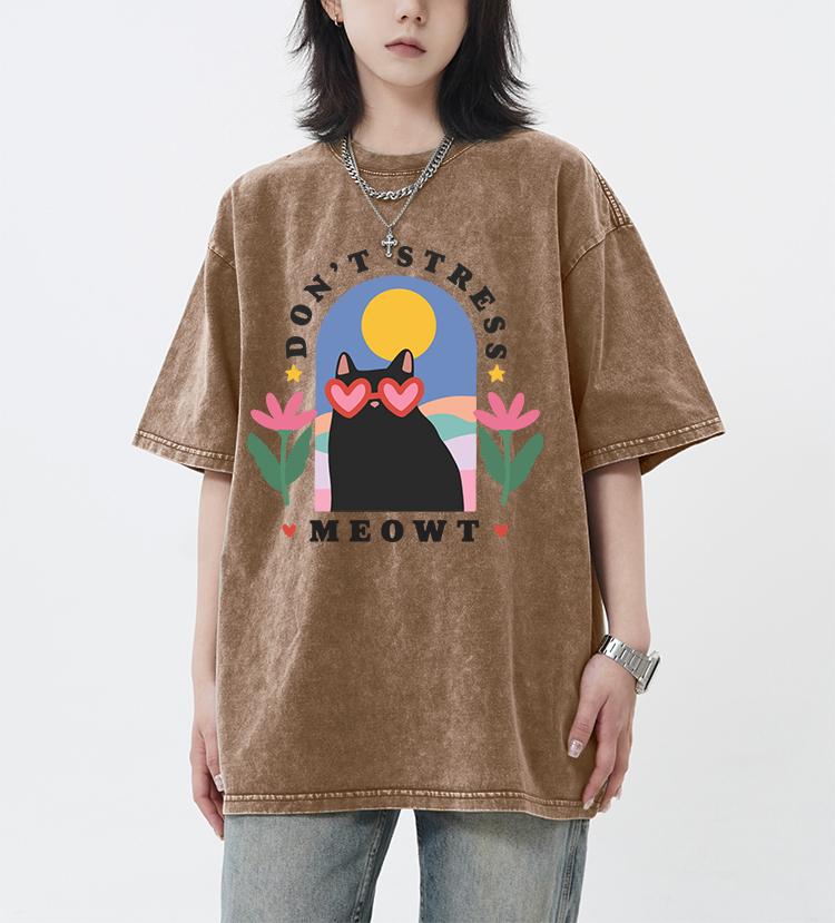 Don't Stress Meowt Cartoon Printing Retro Tee Shirt Female Trendy  Cotton T-Shirts Unisex Washed Short Sleeve Summer Hip Hop Top