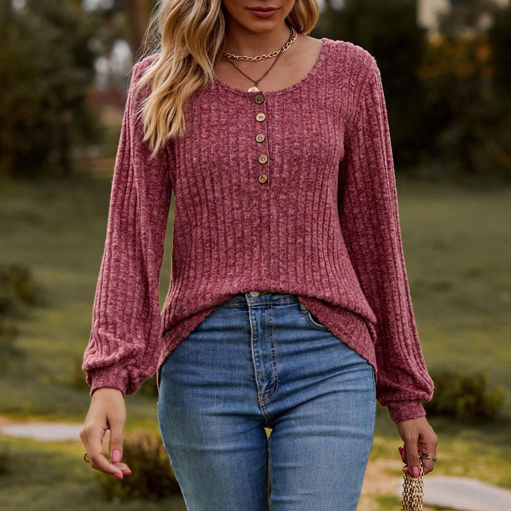 Women's Fashion Round Neck Ribbed Brushed Solid Color Button Stitching Long Sleeve