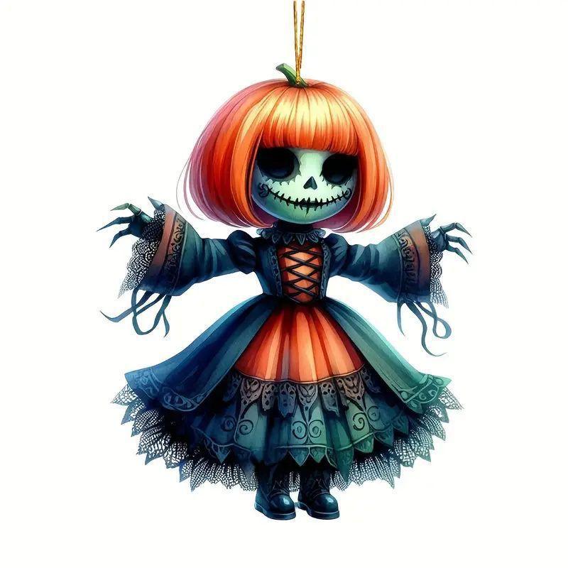 

Halloween New Pumpkin Witch Pendant Magic Sweep Girl Flat 2D Rearview Mirror Decoration Pendant Keychain Pendant Set