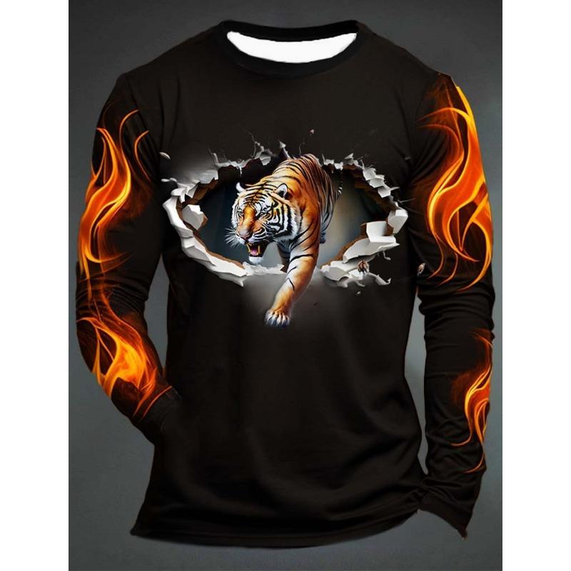 3D Printed Flame Scratch Pattern 3D Printed Autumn Men's Crew Neck T-Shirt Casual Long Sleeve Oversized Pullover Fashion Tops