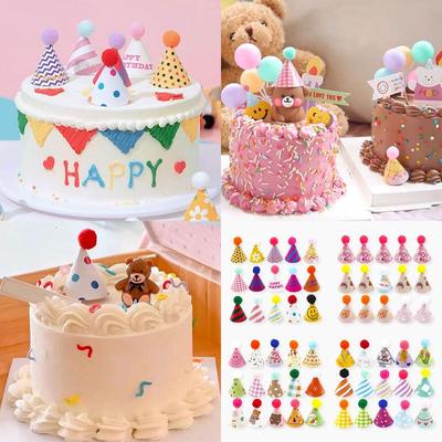Set of 15 Retro Cartoon Mini Pompom Birthday Cake Hat Toppers and Decorations