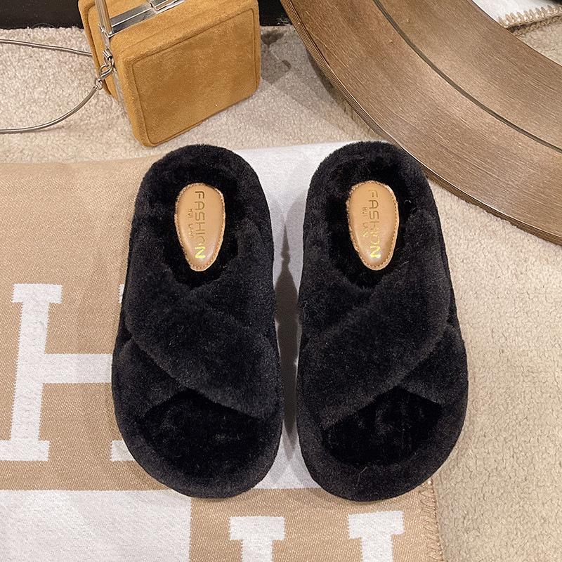 2025 Large Size Spring and Autumn New Thick-soled Fluffy Slippers Wear Simple Fashion Casual Cross Plush Slippers