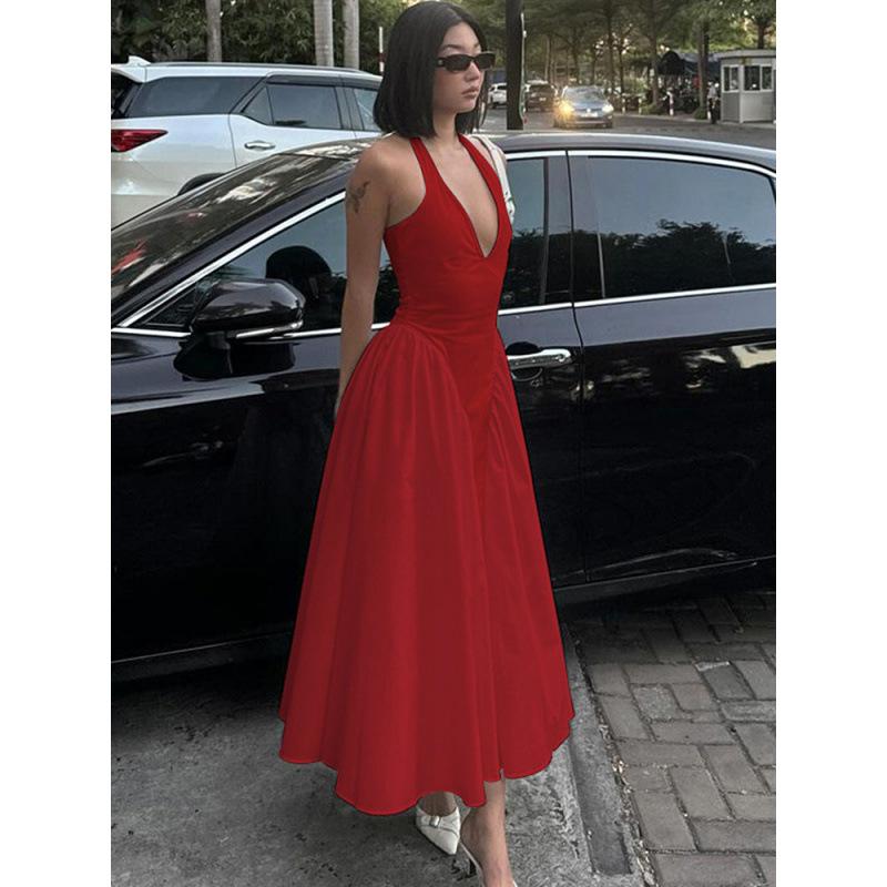 Hot-selling New Solid Color Sexy Deep V Hollow Neck Temperament Pendulum Skirt Edge Dress Women's Clothing