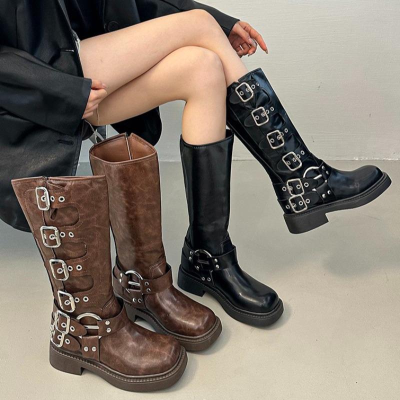Designer Women Knee High Motorcycle Boots Flats Platform Walking Shoes  Winter New Trend Goth Fashion Woman Chelsea Botas
