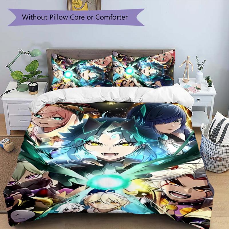 Set lenzuola con motivo personaggi Genshin Impact 3 pezzi set copripiumino include copripiumino e federe, decorazione camera da letto e regalo perfetti per tutte le stagioni