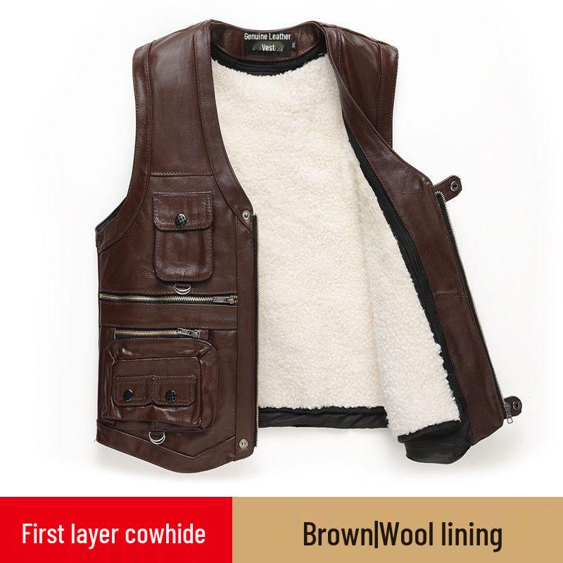 Herren Plus Size West aus echtem Rindsleder mit mehreren Taschen – Lässiges Gilet für Frühling, Herbst, Winter & Vaters Outfit