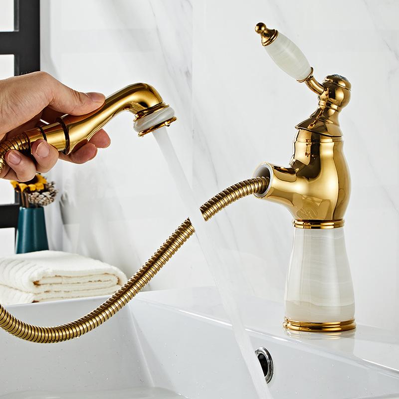 Rose Gold Bathroom Basin Faucets Jade Washroom Basin Sink Tap Mixer Hot Cold Faucet Pull Out Sink Faucet