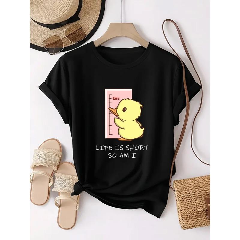 Женская Милая Желтая Утка Принт Футболка Круглый Вырез Короткий Рукав Повседневная Ежедневная Спортивная Веселая Яркая Верх S чёрный