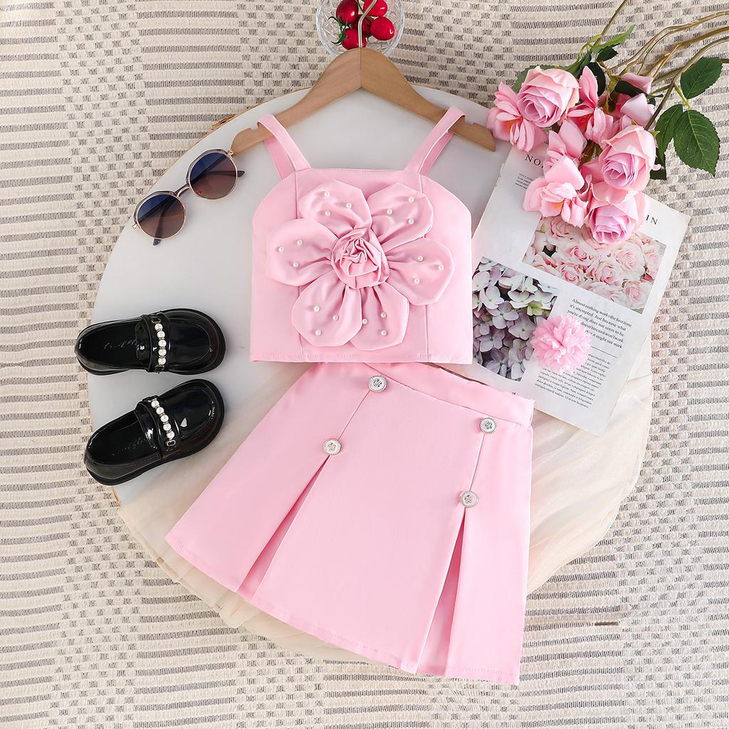 2PCS Girls 3D Flower Beaded Cami Top & Button Skirt Set, Casual Summer Two-Piece Outfit