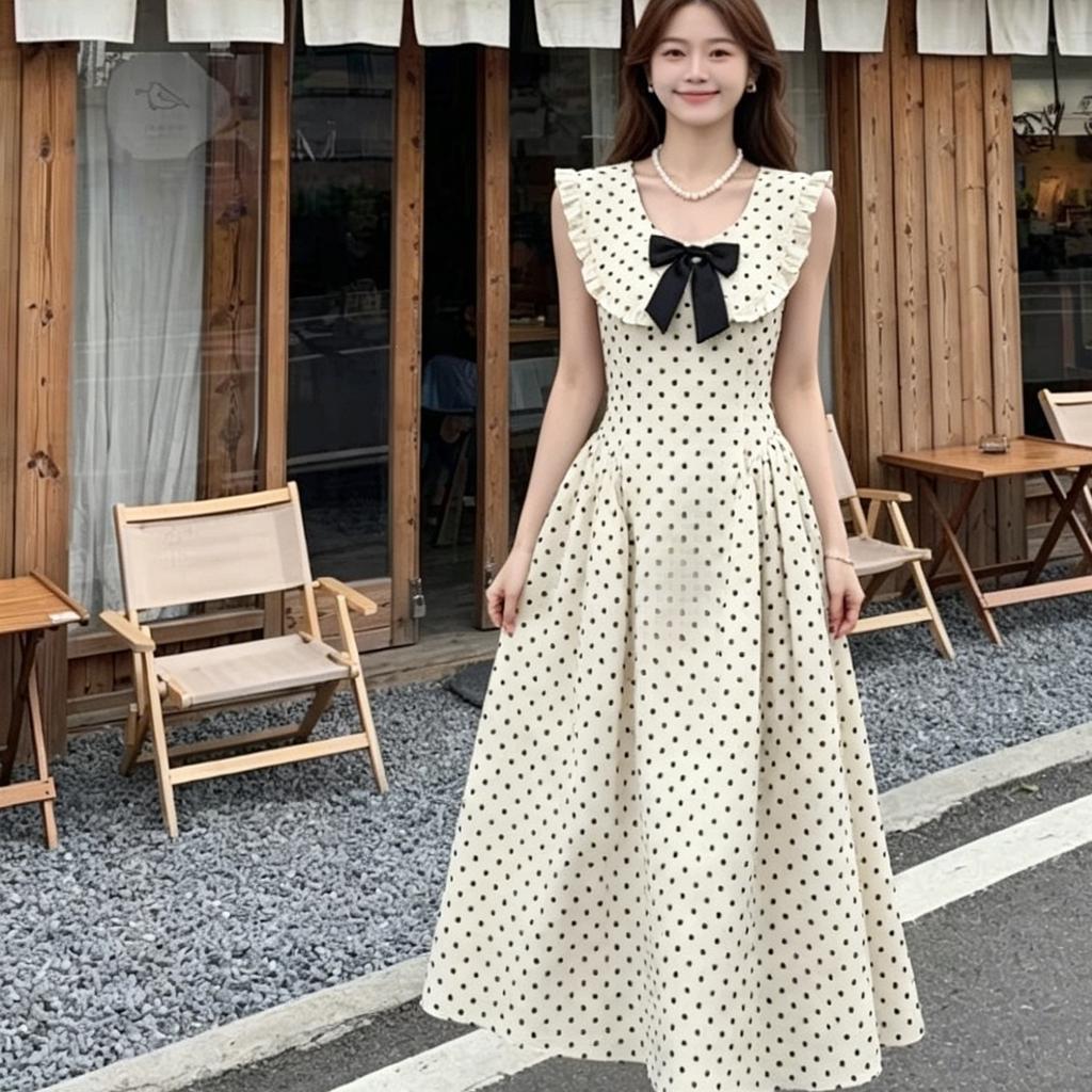 Polka Dot Apricot Waist Temperament Light Luxury High-end Dress Women's Summer New Long Dress French Skirt