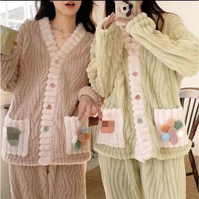 Autumn and Winter Coral Fleece Pajamas for Women, Thick and Warm Flannel Long Home Wear, Fashionable Plus Size Cardigan Set