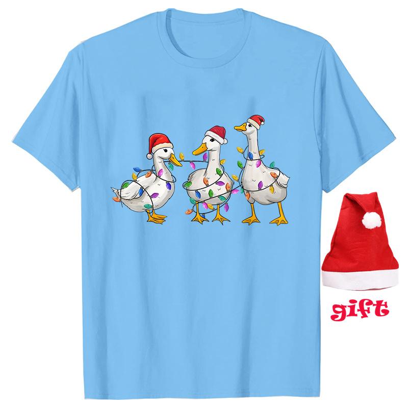 Funny Duck Christmas Print Tops Fashion Women Firends Xmas Party Tees Graphic Tops with Christmas Hats Female Clothing T-shirt