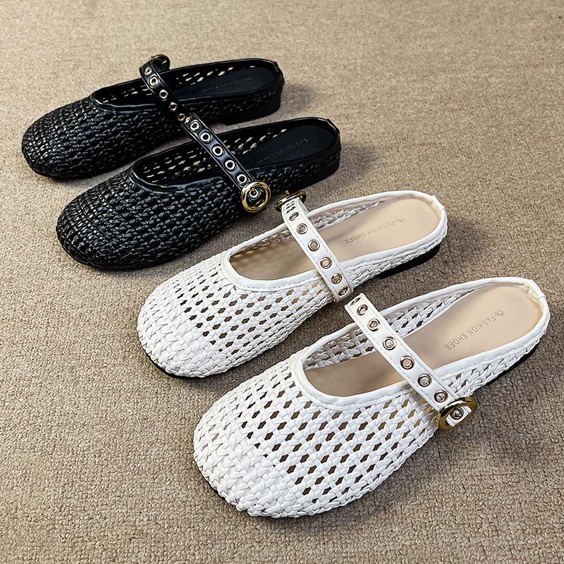 Fashion French Woven Hollow out Women's Sandals 2025 New Versatile Single Strap Casual Clog Shoes Microfiber Upper Rubber Sole