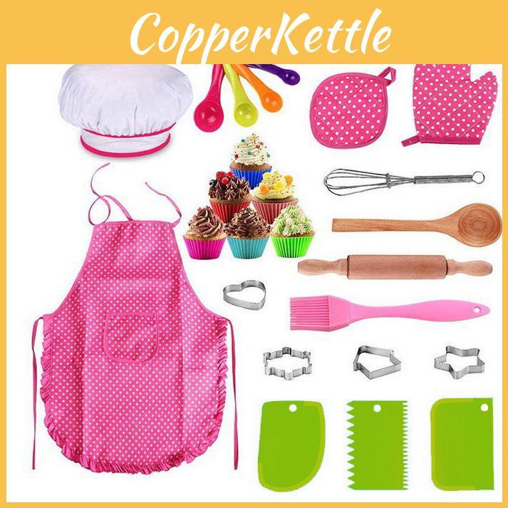 Kompletny 26-częściowy zestaw do pieczenia dla dzieci z kolorowym fartuchem, czapką szefa kuchni i akcesoriami