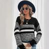 Womens Striped Color Block Crew Neck Loose Long Sleeve Knit Sweater