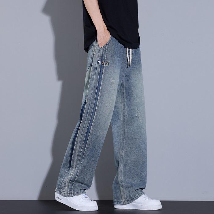 

Jeans Men s Spring and Summer Loose Straight Wide-leg New Striped Casual Pants Men 3XL