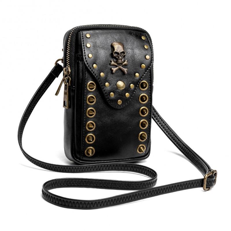 Womens Small Square Shoulder Bag With Skull Studs Outdoor Phone Pouch Black PU Leather