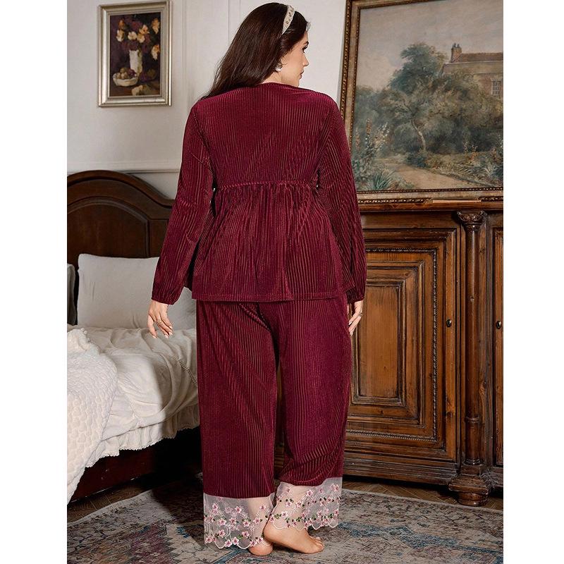 Women's Plus Size Lace V-Neck Pajama Set - Autumn/Winter Long Sleeve & Pants