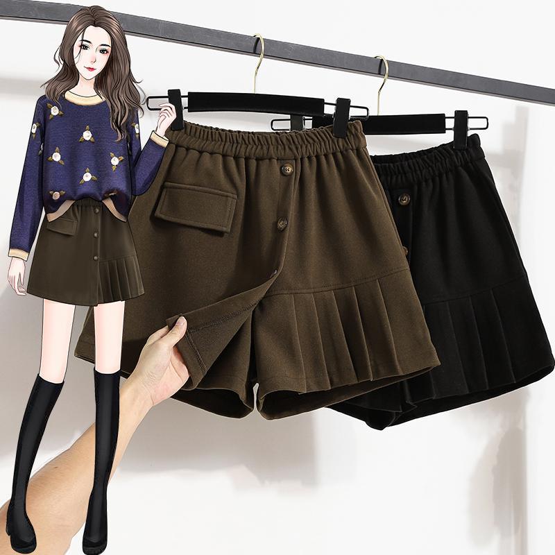 Autumn Winter Women Woolen Blend Shorts Culottes Ladies Black Coffee Elastic Waist Wide Leg Short Pants Plus Size