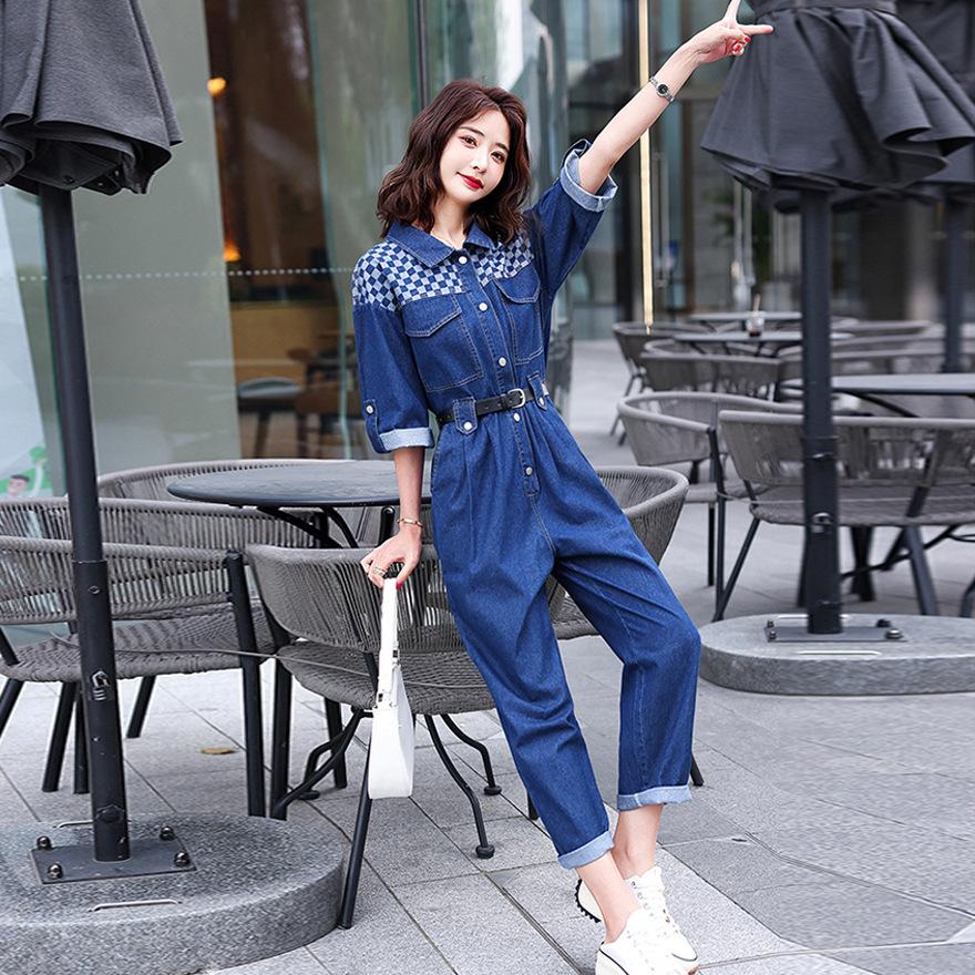 

Джинсовый комбинезон женский весенне-осенний новый с лоскутным дизайном в клетку, модный популярный комбинезон 2XL джинсовый синий