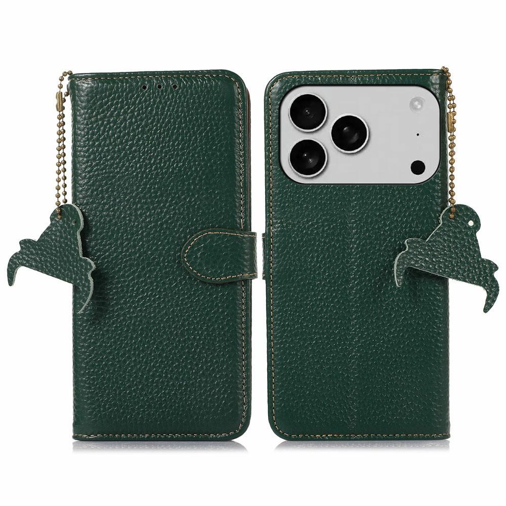 For iPhone 17 Pro Case RFID Blocking Genuine Cow Leather Phone Cover Litchi Texture