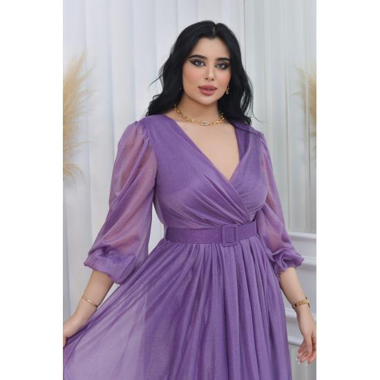 Zweireihiges Abendkleid mit Kragen, Gürtel und Ballonärmeln aus glitzerndem Tüll TE Settür Abendkleid