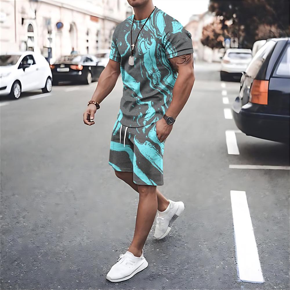 Fashion Men T Shirt Shorts 2 Piece Sets Summer Mesh Tracksuits Oversized T-shirts Suits O Neck Sportswear Print Men's Clothing
