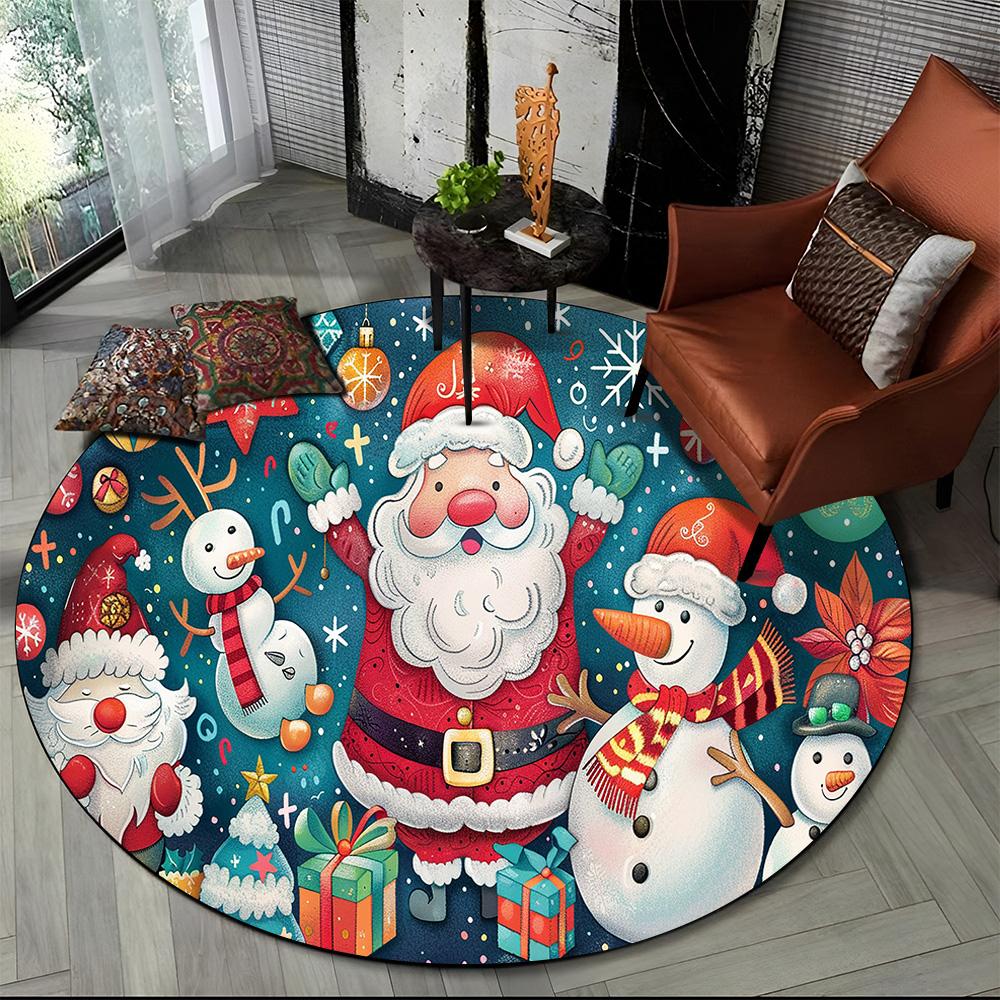 Merry Christmas Cartoon Santa Claus Snowman New Year Round Carpet Rug for Bedroom Living Room Sofa Decoration,Decor Floor Mat