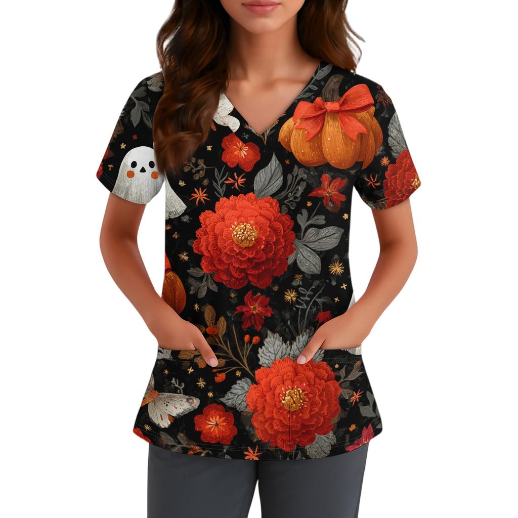 Women V Neck Short Sleeve Top with Pockets Halloween Themed Printed Scrub Shirt Comfortable Fit for Staff