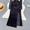 Elegant Square Neck Velvet Split Dress Women Solid Long Sleeve Chic Vintage Clothes Female Korean Fashion Ceremonial Midi Dresses 2024