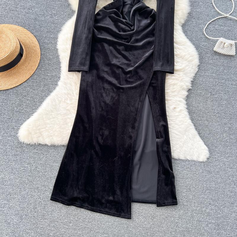 Elegant Square Neck Velvet Split Dress Women Solid Long Sleeve Chic Vintage Clothes Female Korean Fashion Ceremonial Midi Dresses 2024