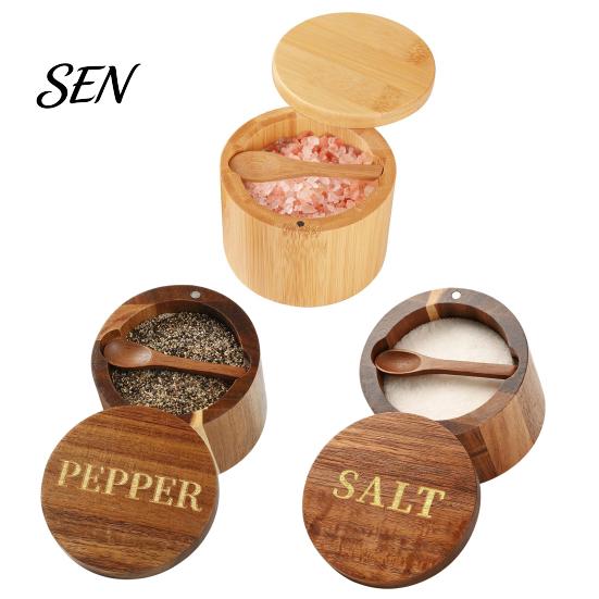 Decorative Wood Spice Keeper Salt Container with Swivel Magnetic Lid, Built-in Spoon Seasoning Lid Condiment Holder Jar, Moisture Proof for